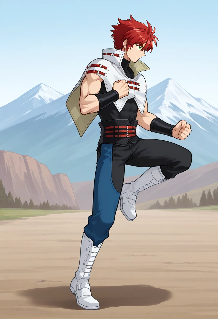 ragingdemonflip, clenched hands, knee up, floating, from side, levitating, levitation, 1boy, solo, forukashura, red hair, short hair, green eyes, capelet, high collar, bracer, sleeveless shirt, sleeveless, turtleneck, belt, black pants, blue chaps, white knee boots, outdoors, mountains, serious, full body,