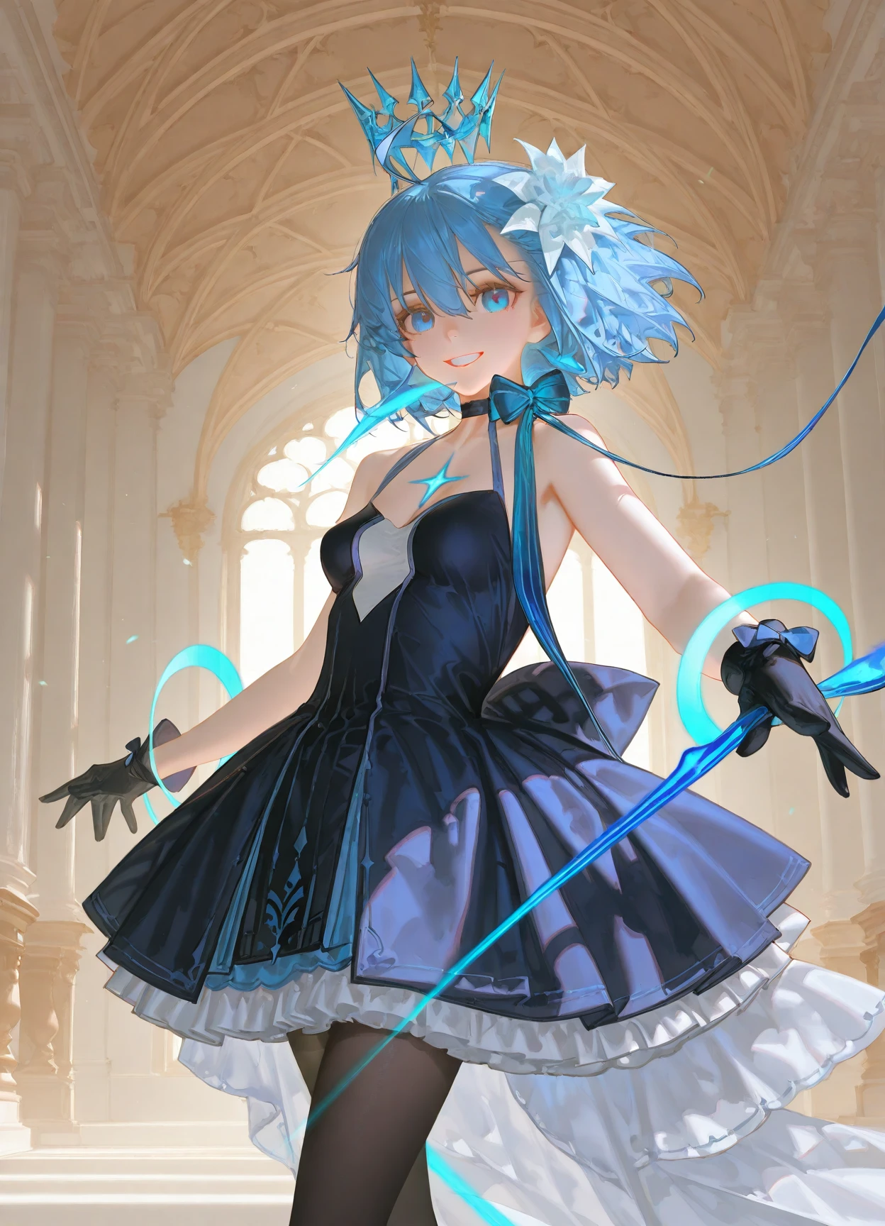 very awa,very aesthetic,masterpiece,huge filesize,best quality,newest,[[4 fingers]],4toes,
highres,[[[artist:wlop]]],[artist:ask(askzy)],(tianliang duohe fangdongye:0.5),(fkey:0.5),(quasarcake:0.8),[[artist:ciloranko]],[[wanke]],
((solo:1.5)),1girl,<lora:Age-V2:2>,
photorealistic,photo background,
<lora:starciel (1):1>,starciel,blue hair,short hair,ahoge,hair between eyes,blue eyes,bare shoulders,blue dress,black dress,sleeveless dress,clothing cutout,headwear,cleavage cutout,frills,black gloves,gloves,black pantyhose,choker,hair flower,blue bow,bow,ribbon,
from_side,cowboy_shot,(looking_at_viewer:1.2),dynamic pose,smile,grin,sitting,