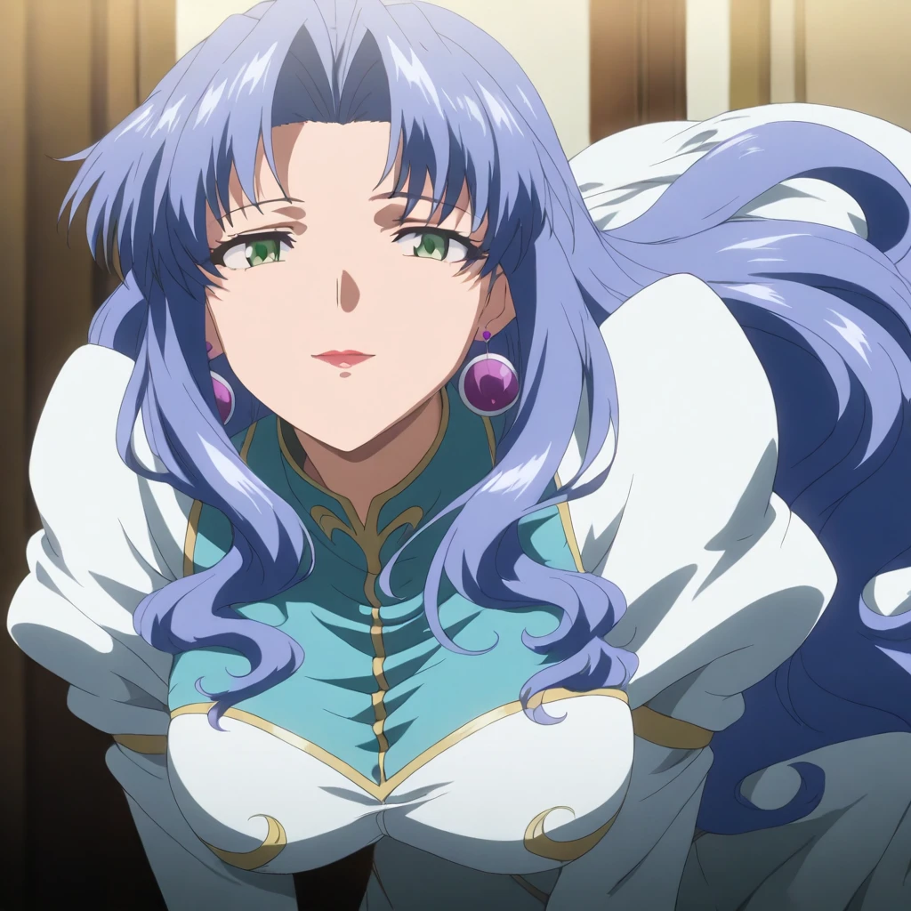 masterpiece,high score,great score,absurdres,anime coloring,looking at viewer,solo,<lora:Freya_ss ag4o:1> freyass, blue hair, long hair, green eyes, lipstick, earrings,dress,