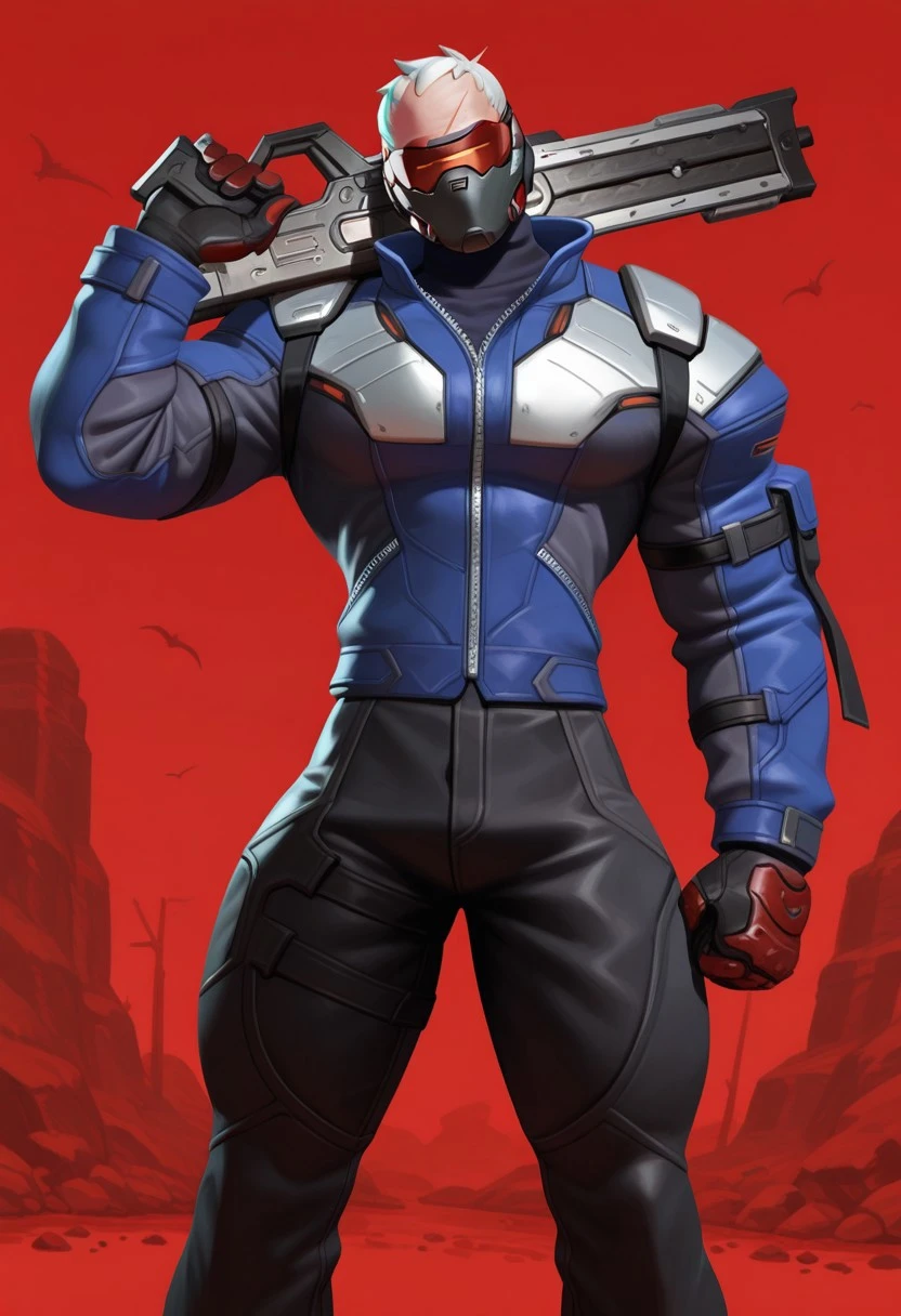 3d, realistic, (1boy, classic76, very short hair, white hair, pixie cut, short bangs, scar on face, visor, mouth mask, mask), (masculine, muscular, bara, himbofication, broad shoulders, big arms, large pectorals, small waist, v-taper, thick thighs, curvy body, (closed, jacket, turtleneck, black pant, red, gloves), head tilt, battleground, holding a rifle, weapon on shoulder, looking at viewer, dynamic action, very awa, masterpiece, best quality, absurdres, detailed background, newest, perfect quality, intricate details