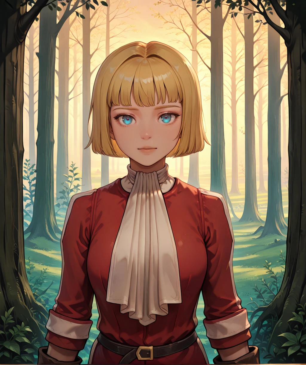 farnesexl, blue eyes, blonde hair, medium hair, bob cut,
ascot, red dress,
facing viewer, standing, upper body,
forest, floral, evening, standing, belt, brown gloves, white trim,
looking at viewer,
clear composition, ambient occlusion, Soft lighting, detailed landscape,
(insanely detailed, masterpiece, best quality,), <lora:farneseXL:1>
