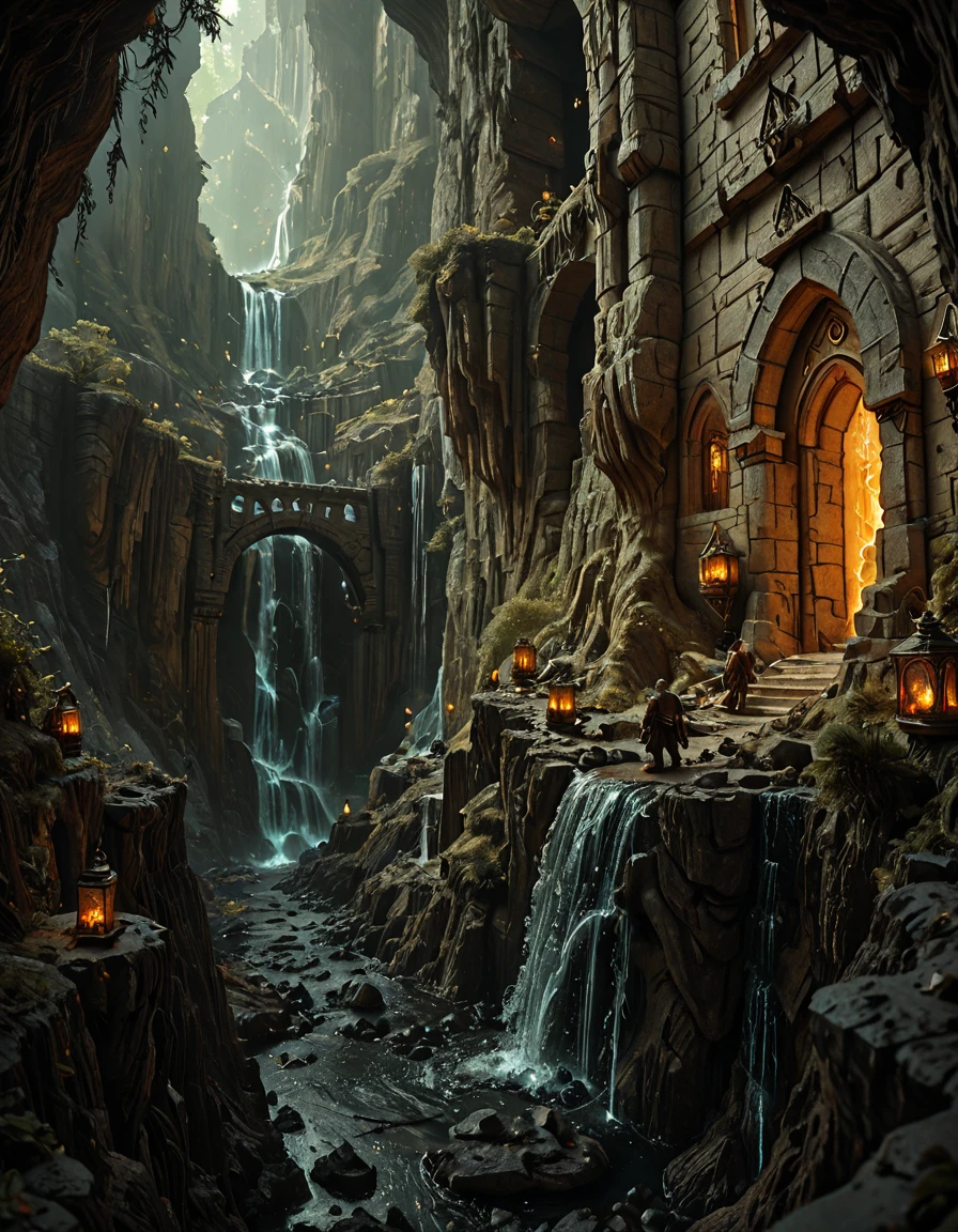 <lora:MW_Dwarven_betaill:1> stone bridges spanning across deep chasms, dwarves walking with lanterns, waterfalls cascading into the abyss, homes carved into cliff sides, glowing windows, epic scale, cinematic perspective, fantasy underground metropolis, dwarven engineering marvel, mist rising from below