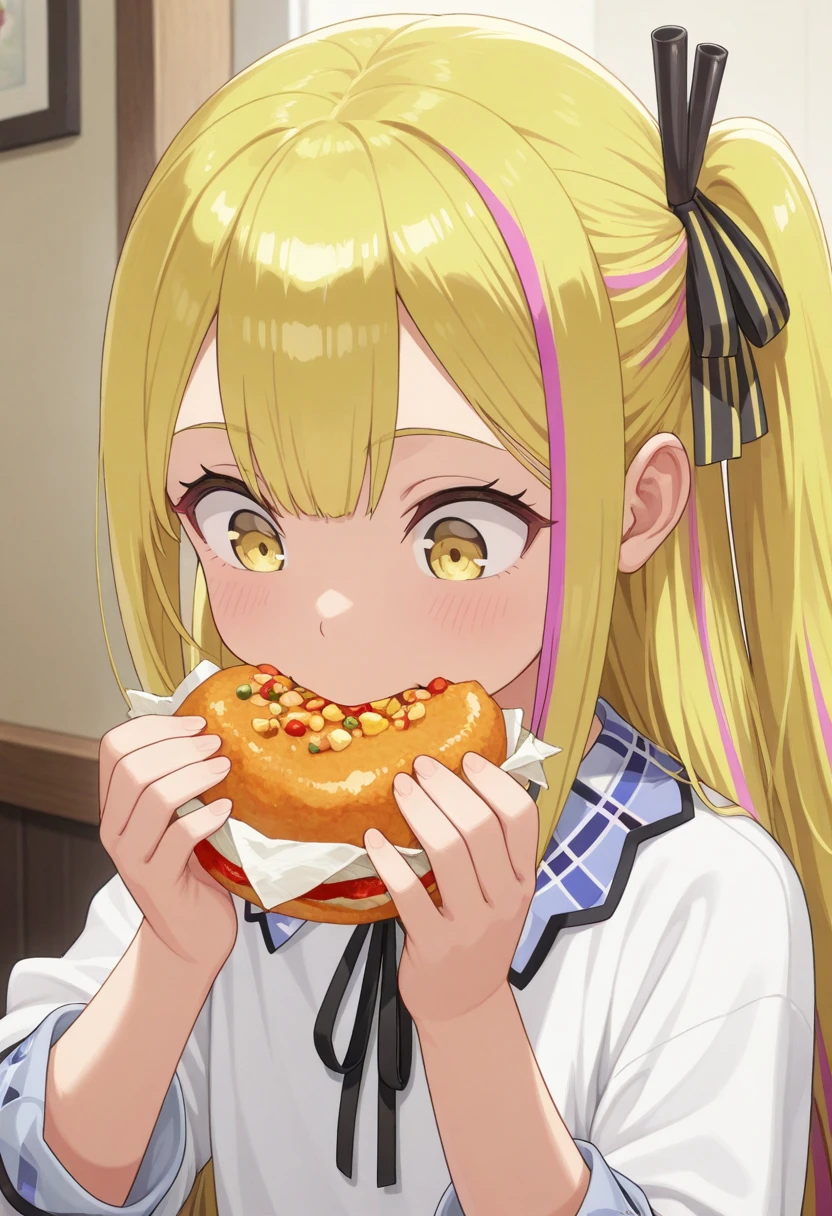 masterpiece,best quality,amazing quality, sara da odin, pink-blonde hair, long hair, yellow eyes, 1girl, food, solo, eating, streaked hair, holding, ribbon, white shirt, shirt, holding food, black ribbon