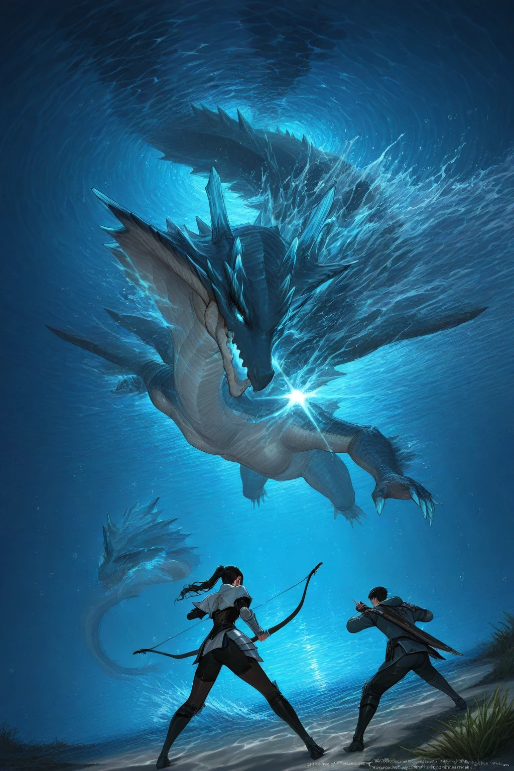 Lagiacrus, sea serpent leviathan, glowing blue scales, electric aura, underwater battlefield, ocean abyss, (humanoid hunter:1.2), armored warrior, harpoon weapon, diving gear, human proportions, cinematic duel, bubbles and water currents, dynamic combat standoff, epic perspective, ultra-detailed, dramatic lighting, dark fantasy atmosphere, concept art, painterly rendering, highly detailed textures, Ruan Jia style, FromSoftware concept art
