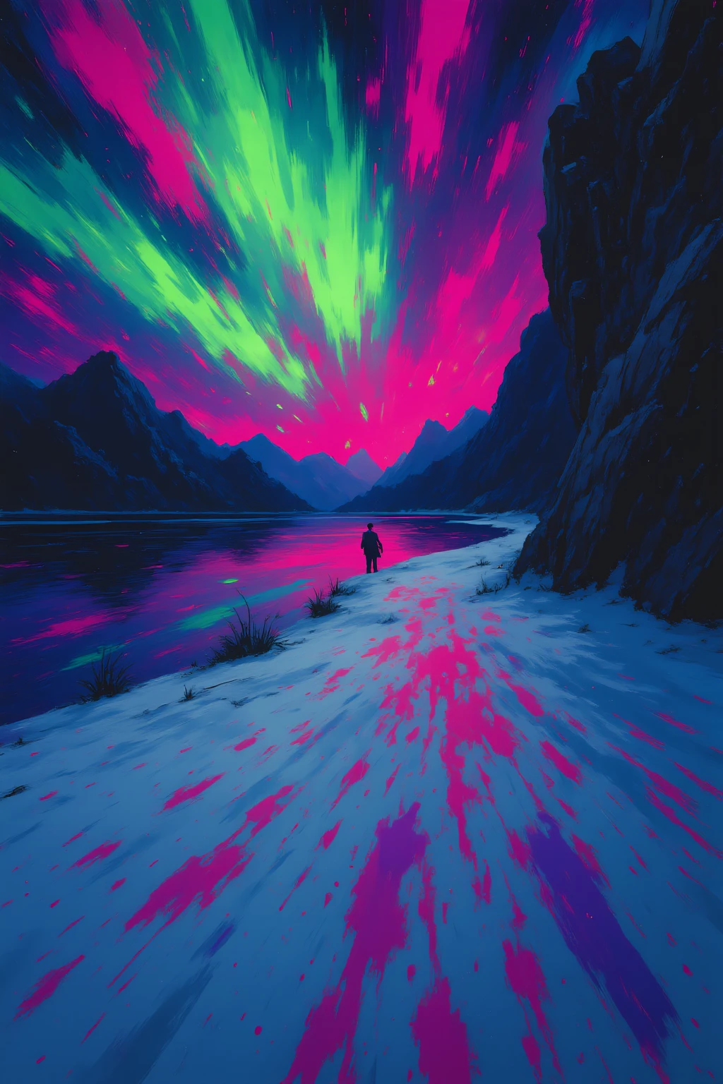 A frozen tundra landscape at twilight, the snow reflecting sickly green and neon pink hues as the northern lights scream above. Sharp, violent brush marks slash across the sky like aurora warfare, with jagged black cliffs in the distance breaking the horizon. The snow is rendered in layered brushstrokes, rough and chaotic, giving the illusion of both softness and instability.
PaintStorm-style: vivid icy tones, chaos-layered aurora strokes, extreme contrast in cold palette, textured brushstorm rendering
PaintStorm-Mk.1