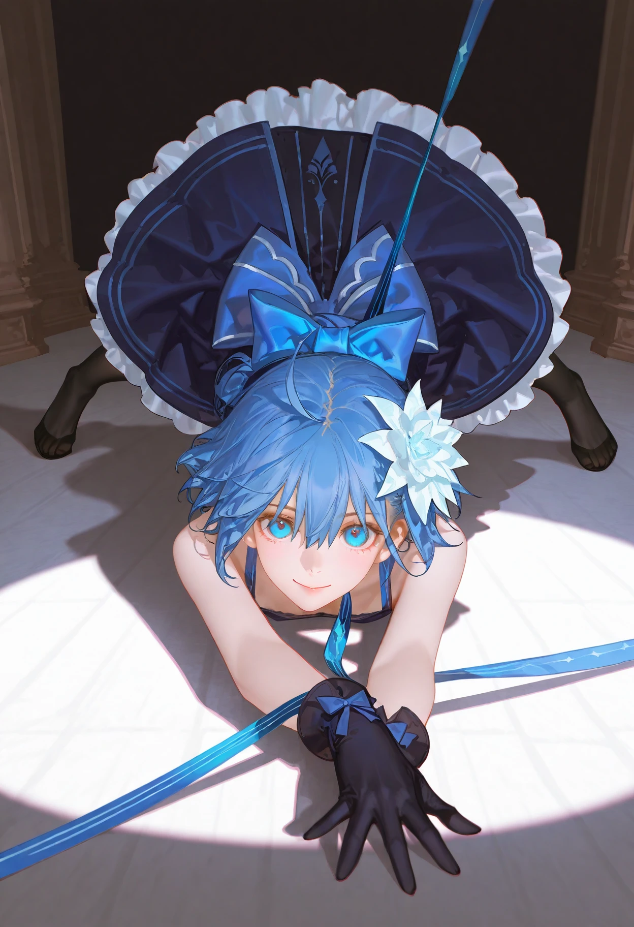 very awa,very aesthetic,masterpiece,huge filesize,best quality,newest,[[4 fingers]],4toes,
highres,[[[artist:wlop]]],[artist:ask(askzy)],(tianliang duohe fangdongye:0.5),(fkey:0.5),(quasarcake:0.8),[[artist:ciloranko]],[[wanke]],
((solo:1.5)),1girl,<lora:Age-V2:2>,
photorealistic,photo background,
<lora:starciel (1):1>,starciel,blue hair,short hair,ahoge,hair between eyes,blue eyes,bare shoulders,blue dress,black dress,sleeveless dress,clothing cutout,headwear,cleavage cutout,frills,black gloves,gloves,black pantyhose,choker,hair flower,blue bow,bow,ribbon,
front view,from_above,cowboy_shot,top-down_bottom-up,(looking_at_viewer:1.2),dynamic pose,smile,bracelet,