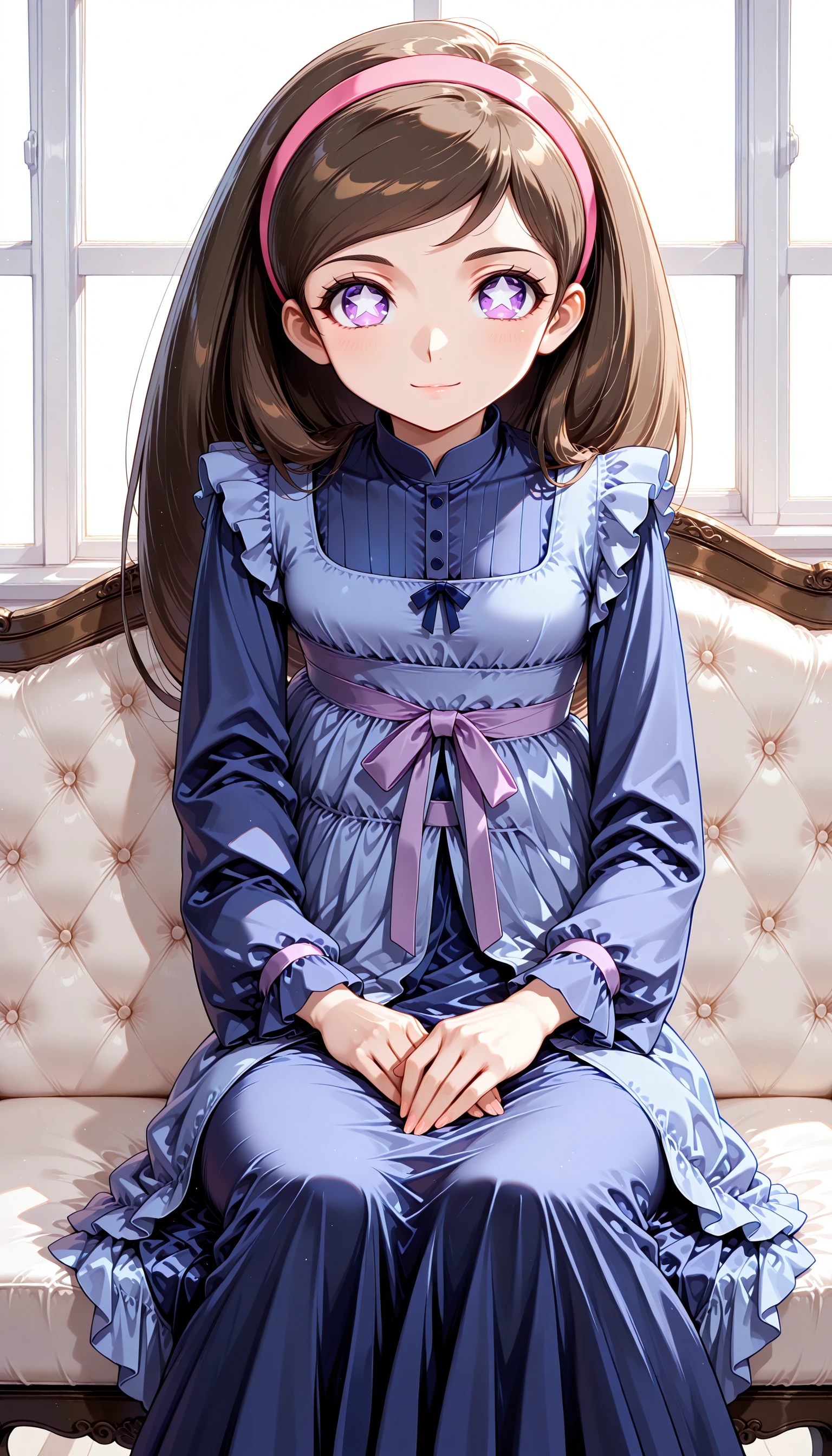 high quality, highly detailed, high res, best quality, masterpiece , solo,  anime
(white background), white theme,simple background,Show less,
BREAK
<lora:mikoshirogane_IL_Lora_v1:1>
mikoshirogane, 1girl, solo, long hair, looking at viewer, brown hair, sitting, purple eyes, hairband, star, (symbol), window, star-shaped pupils, blue dress, pink hairband <lora:StS_Age_Slider_Illustrious_v1:3>