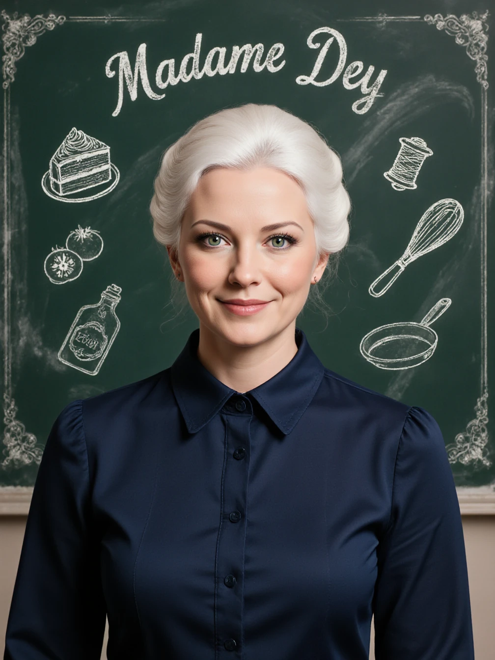 Shelley is posing for a waist-up portrait. Her white hair is neatly coiffed. She is wearing a fancy navy blue button-down blouse and standing in front of an antique chalkboard. She has light green eyes, a small chest, and has a soft smile. The chalkboard has Madame Dey written in large cursive text centered above her head and six white chalk line art illustrations of one frosted cake slice, one tomato, one whisk, one bobbin of thread, one soap bottle, and one frying pan.