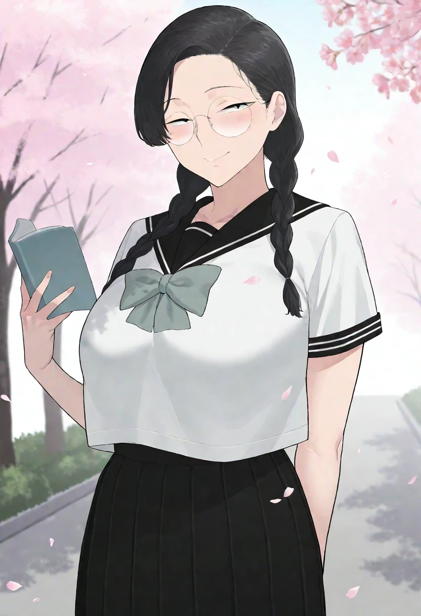 masterpiece, best quality,highres,(f.w.zholic:0.8),(ikuchan_kaoru:0.7),,chihirotakamura,1girl,black hair,asymmetrical_hair ,rimless_eyewear,sanpaku,long hair,twin braids,large breasts,<lora:season_of_loss-takamura_chihiro-000008:0.85>,school uniform,bow,pleated skirt,smile,holding book,looking at viewer,blush,falling petals,cherry blossom,solo,street