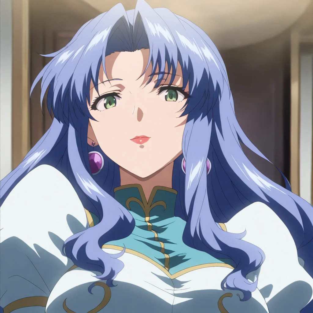 masterpiece,high score,great score,absurdres,anime coloring,looking at viewer,solo,<lora:Freya_ss ag4o:1> freyass, blue hair, long hair, green eyes, lipstick, earrings,dress,