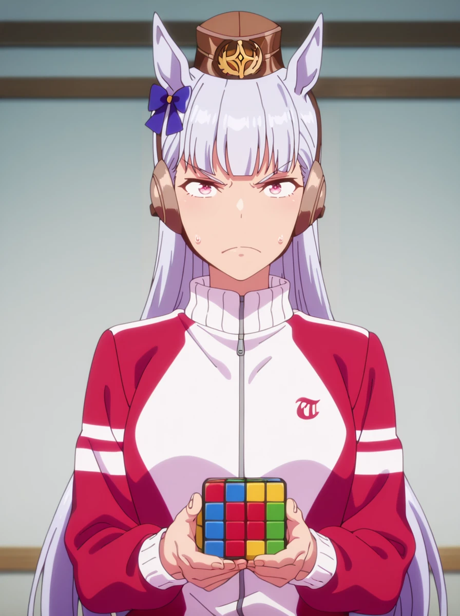 masterpiece, best quality, amazing quality, very aesthetic, absurdres, newest, anime screenshot, anime coloring shiny skin, <lora:Goldshipanime:1>horse ears, long hair, animal ears, horse girl, 1girl, solo, bangs, goldshiptraining long sleeves, rubik's cube, holding_rubik angry