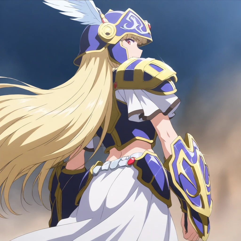 masterpiece,high score,great score,absurdres,anime coloring,looking at viewer,solo,from back,<lora:Valkyrie_ss ag4o:1> valkyriess, blonde hair, long hair, red eyes,helmet,armor,armored dress,