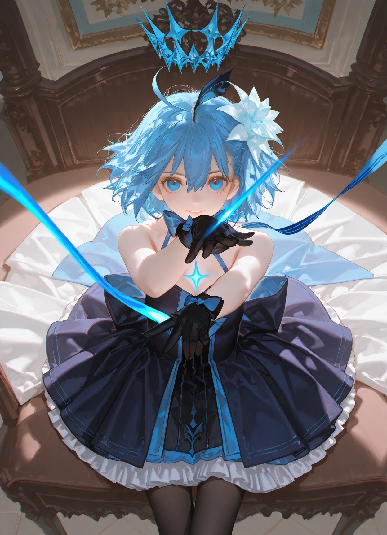 very awa,very aesthetic,masterpiece,huge filesize,best quality,newest,[[4 fingers]],4toes,
highres,[[[artist:wlop]]],[artist:ask(askzy)],(tianliang duohe fangdongye:0.5),(fkey:0.5),(quasarcake:0.8),[[artist:ciloranko]],[[wanke]],
((solo:1.5)),1girl,<lora:Age-V2:2>,
photorealistic,photo background,
<lora:starciel (1):1>,starciel,blue hair,short hair,ahoge,hair between eyes,blue eyes,bare shoulders,blue dress,black dress,sleeveless dress,clothing cutout,headwear,cleavage cutout,frills,black gloves,gloves,black pantyhose,hair flower,blue bow,bow,ribbon,
front view,from_above,cowboy_shot,(looking_at_viewer:1.2),dynamic pose,smile,sitting,