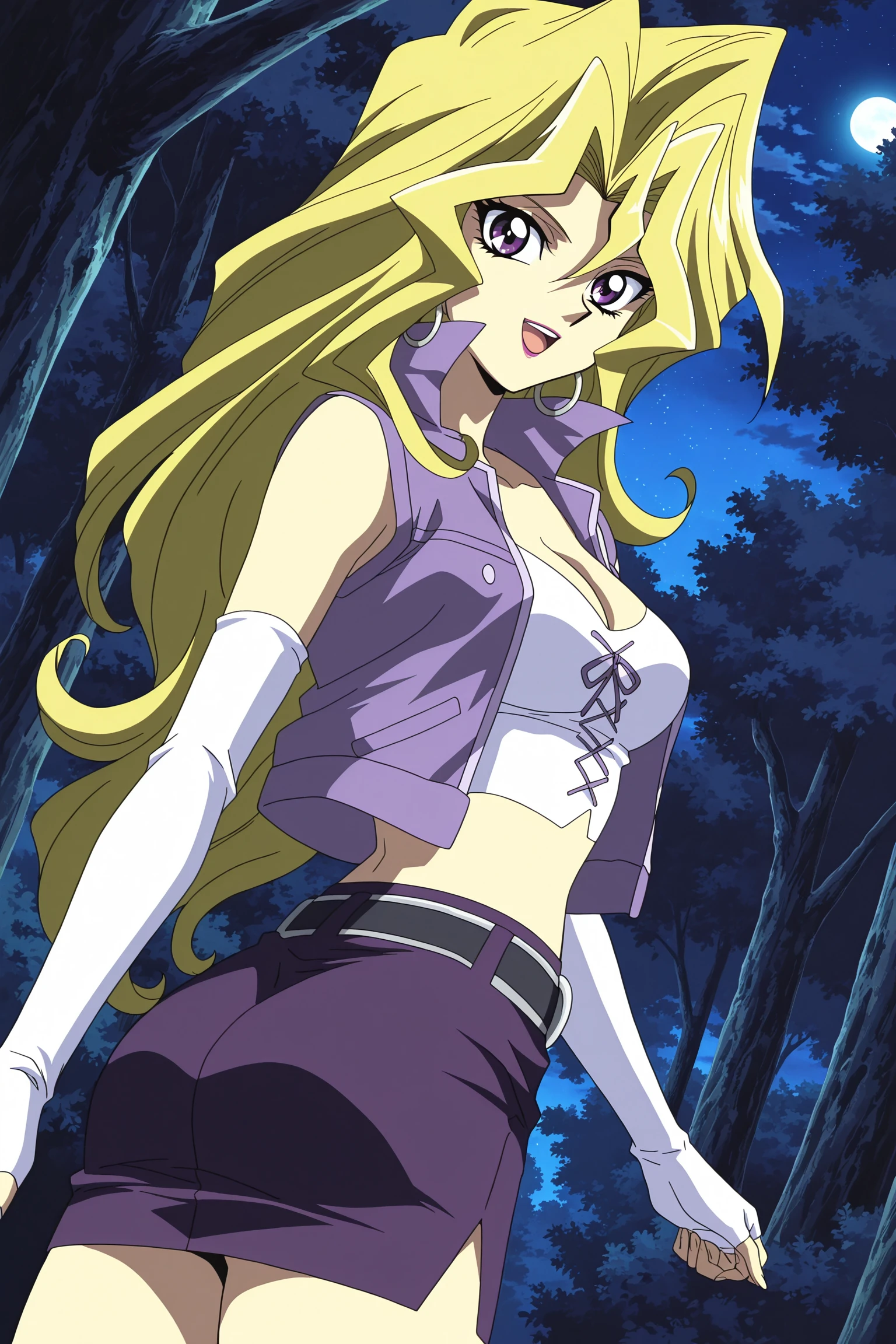 anime screencap, anime coloring, detailed face, masterpiece, best quality, very aesthetic, absurdres, volumetric lighting, official style, amazing quality, ultra detailed, highres, amazing quality, scenery, beautiful detailed hair, beautiful detailed eyes,
<lora:Mai_Valentine_Yu-Gi-Oh_-_Illustrious_V2:1>
in a forest, night,
Mai Valentine (character), 1girl, blonde hair, long hair, purple eyes, hair between eyes, medium breasts, collarbone, lipstick, makeup, silver hoop earrings, white crop top, purple jacket vest, cleavage, midriff, white elbow gloves, fingerless gloves, belt, pencil skirt, cowboy shot, sleeveless vest,
cowboy shot, looking back at the viewer, (dutch angle), low angle, from behind, ass, :D,
