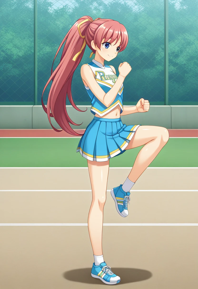 ragingdemonflip, clenched hands, knee up, floating, levitation, levitating, hand up, from side, 1girl, solo, ingokuayatabane, pink hair, very long hair, ponytail, hair ribbon, yellow ribbon, blue eyes, sleeveless shirt, navel, pleated skirt, sneakers, cheerleader outfit, outdoors, track field, smile, full body,