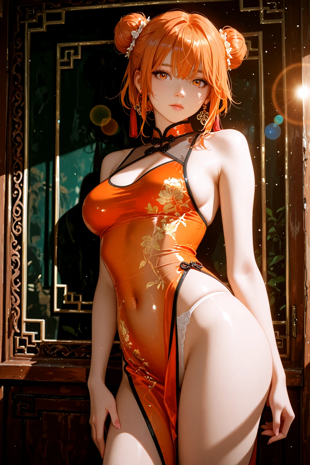 masterpiece,best quality, highres,sharp focus, film grain, Cinematic,8k, realistic with anime style, NSFW, uncensored, smooth shading, glossy surfaces,colorful depth, lens flare,natural lighting, dramatic lighting, particles, Visual impact,scenery, Emotionalization, fashion style, absolutely eye-catching,
A breathtakingly erotic human girl, solo, Extremely provocative and intensely erotic, slender waist, detailed eyes,flat, (looking at viewer:1.3), completely nude, sideboob,
(skin-tight  10 percent transparent see-through  tangerine orange Chinese Sexy dress:1.5),
white underwear,feet,2b,dark dress,dark stocking,dark enviroment,both eye covered,
artwork,dark and sad environment,very detailed image,realistic lighting,realistic shadows,