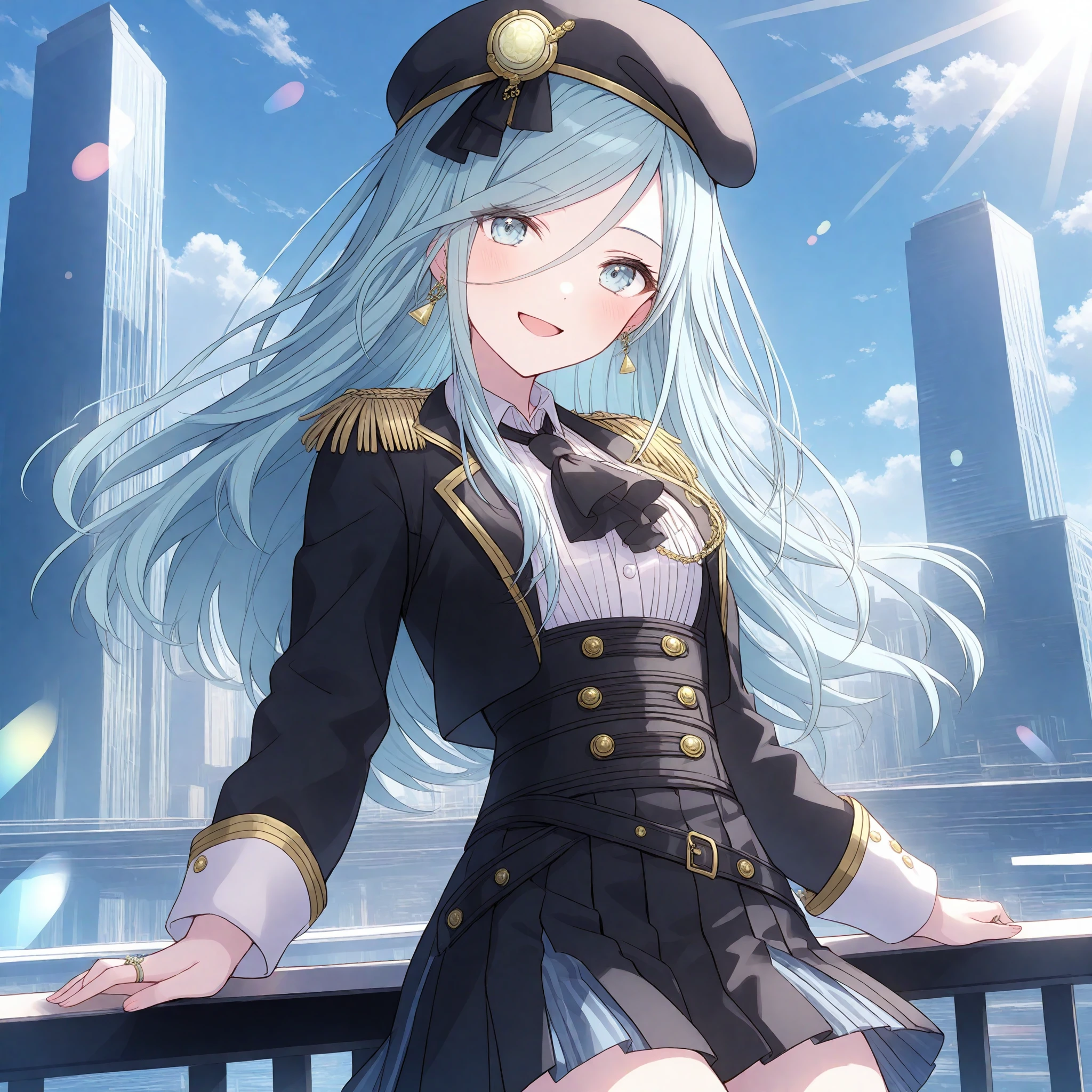 1girl, hinomori shizuku, project sekai, solo,
ifshizuku, light blue hair, light blue eyes, four fingers and thumb, smiling, mole,
looking at viewer, sitting, leaning against rail, support arms, cowboy shot,
epaulettes, triangle earrings, black beret, white shirt, gold trim, collared shirt, black ascot, striped, black necktie, cropped jacket, buttons, black ribbon, sleeve cuffs, pleated skirt, corset, black jacket, wing collar, double-breasted, ribbon, ring, belt, hat ornament, open jacket,
day, sunlight, beautiful blue sky, skyscraper,
nijistyle, masterpiece, best quality, amazing quality, very aesthetic, highres, ultra detailed, ray tracing,
<lora:hand 5.5:1>, <lora:ObIL-style-nijistyle02:0.8>,
<lora:ObIL-mmj-IFSz01:0.6>