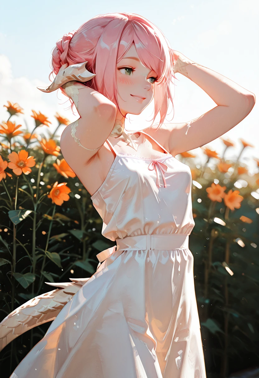 sarnai, au ra, upper_body, casual_outfit, sundress, outdoors, sunny_day, standing_pose, smile, blush