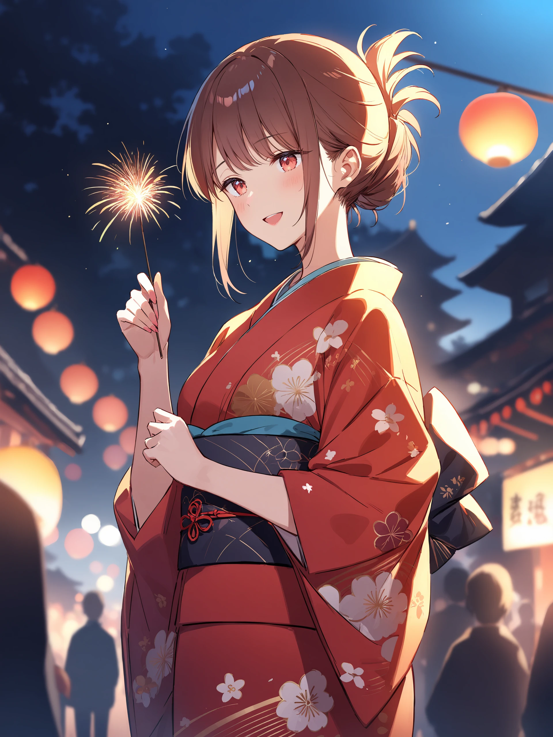 illustration, incredibly absurdres, ultra detailed, masterpiece, best quality, perfect features, intricate details, ray tracing, very aesthetic, (ask \(askzy\), hiten \(hitenkei\):0.6), <lora:Char-SuperNoUraDeYaniSuuFutari-Yamada-V1-XL:0.9:hr=0.6>, 1girl, yamada, solo, kimono, lipstick, folded ponytail, obi, sash, tabi, standing, cowboy shot, holding fireworks, smile, open mouth, night, outdoors, blurry background