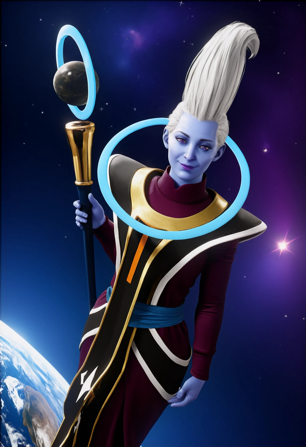 masterpiece, best quality, realistic, shiny skin, 1boy, solo, <lora:Whis Illustrious:1>colored skin, blue skin, tall hair, white hair, purple eyes, purple lips, blue halo, black tunic, shoulder pads, white trim, purple robe, long sleeves, blue sash, black tabard, gold trim, high collar, holding staff, floating, star \(sky\), starry sky, space, earth \(planet\), looking at viewer, smile, closed mouth,