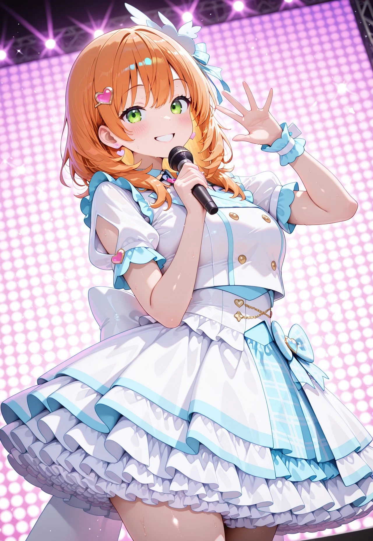 masterpiece,extremely detailed,best quality,amazing quality,newest,absurdres,highres,1girl, solo, (petticoat:1.2), (full petticoat:1.2), detailed face, medium hair, straight hair, (fluffy hair:1.1), (voluminous hair:1.1),heart hair ornament, idol, japanese-idol-outfit
pure white clothes, clothed, idol, pure white idol outfit, frilled dress,, idol stage,Holding a microphone, on hand raised, smile, happy, sweat, close to viewer BREAK dynamic_angle,cinematic angle