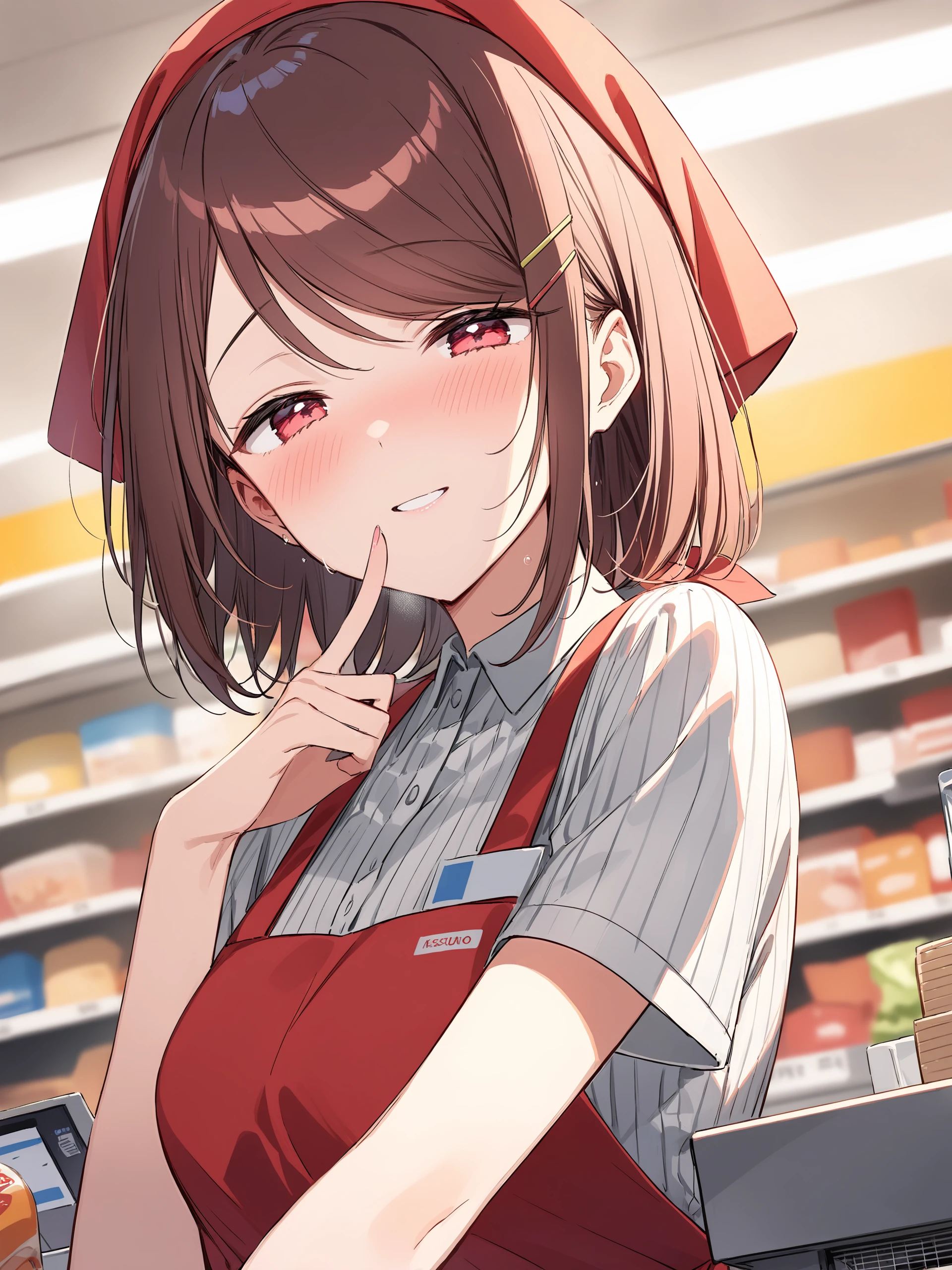 illustration, incredibly absurdres, ultra detailed, masterpiece, best quality, perfect features, intricate details, ray tracing, very aesthetic, (ask \(askzy\), hiten \(hitenkei\):0.6), <lora:Char-SuperNoUraDeYaniSuuFutari-Yamada-V1-XL:0.9:hr=0.6>, 1girl, yamada, solo, swept bangs, hairclip, red headscarf, striped shirt, short sleeves, red apron, upper body, ecstasy, gasping, seductive smile, blush, looking at viewer, finger to mouth, supermarket, counter, cashier, indoors, depth of field