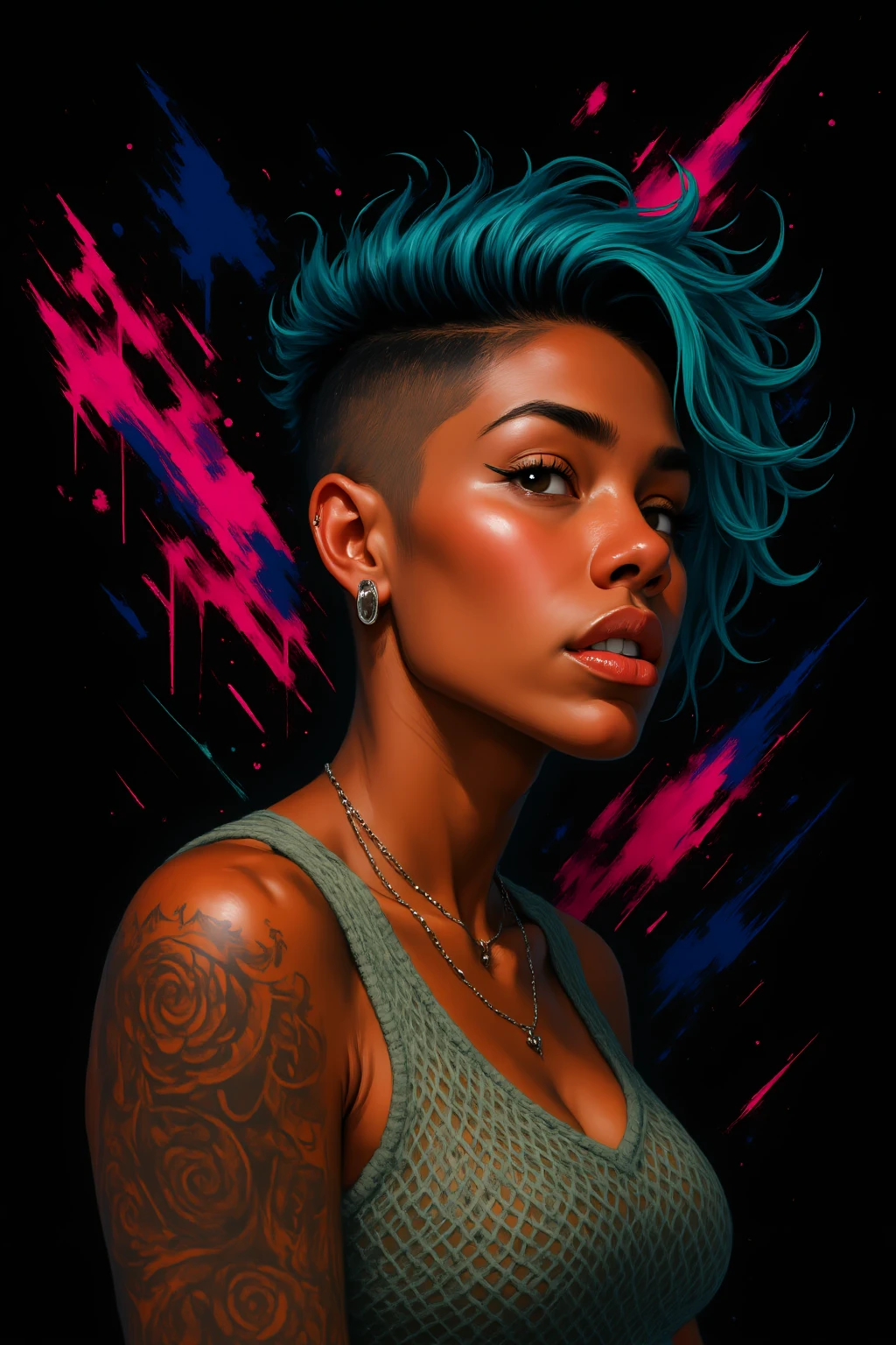 A shoulder-up digital painting of a woman with deep brown skin and a shock of teal-dyed curls shaved on one side. Her golden eye makeup bleeds slightly into her cheeks as if brushed on hastily. She wears a translucent mesh top and silver ear cuffs. The black background behind her is torn with jagged strokes of neon pink and navy blue.
Style: digital brushwork, color splatter accents, expressive stroke texture, bold shadow play, high-contrast lighting
Background: solid black with vivid brush slashes
PaintStorm-Mk.1