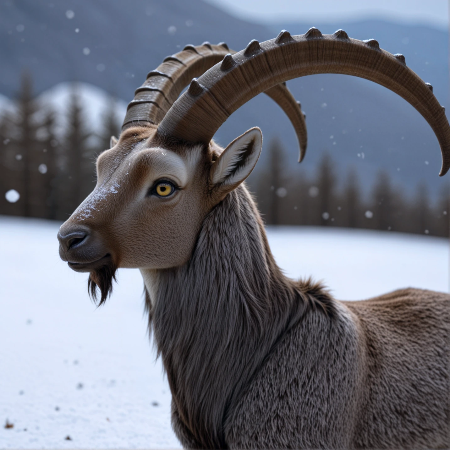 best quality, masterpiece,,(realistic, photo-realism), ibex goat, no humans, horns, animal focus, outdoors, snow, animal, blurry background, feral, solo, front view, closeup, head, grey fur, detailed fur, realistic, yellow eyes , neck tuft <lora:CapraIbexNoobEPS1-1:1>