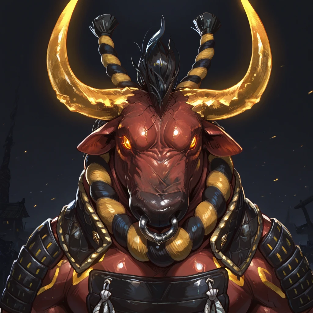 masterpiece, best quality, perfect quality, absurdres, newest, very aesthetic, very awa, 1boy, GozukiNIOH, bull, golden horns, furry male, undead, demon, solo, black hair, nose ring, red skin, yellow body pattern, monster, glowing red eyes, rope necklace <lora:NOOB_vp1_detailer_by_volnovik_v1:1> <lora:Gozuki_-_Nioh_2:1>