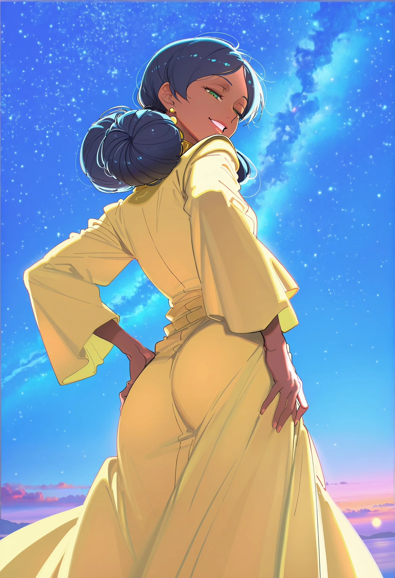 scenery, masterpiece, best quality, high quality, highres, absurdres,freshnsfw,obj shep,geulimykun \(skbyunea413\),sengoku chidori,akipeko,alphonse \(white datura\),1girl, absurdres, blue hair, cowboy shot, dark-skinned female, dark skin, double bun, dress, green eyes, gundam, hair bun, hand on own hip, highres, lalah sune, long sleeves, looking down, mobile suit gundam, night, night sky, nomaumona, open mouth, sky, solo, star \(sky\), yellow dress, rating:general, year 2025, newest, long hair, smile, black hair, jewelry, standing, earrings, parted lips,from behind, half-closed eyes, single hair bun, hands on hips, yellow coat,