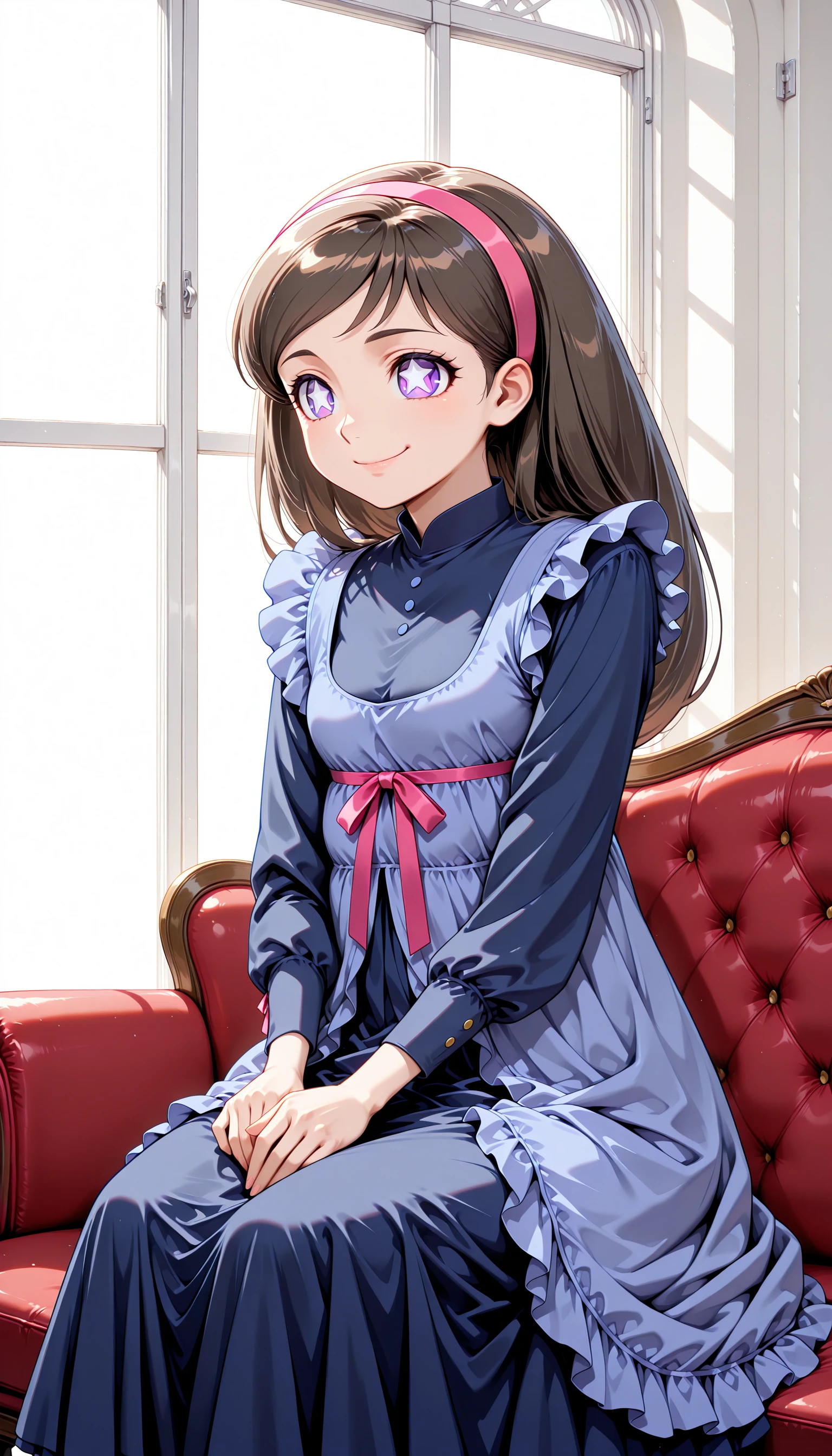 high quality, highly detailed, high res, best quality, masterpiece , solo,  anime
(white background), white theme,simple background,Show less,
BREAK
<lora:mikoshirogane_IL_Lora_v3:1>
mikoshirogane, 1girl, solo, long hair, brown hair, sitting, purple eyes, hairband,pink hairband,  window, couch, star-shaped pupils, layered dress, blue dress, ribbon, smile  <lora:StS_Age_Slider_Illustrious_v1:2>