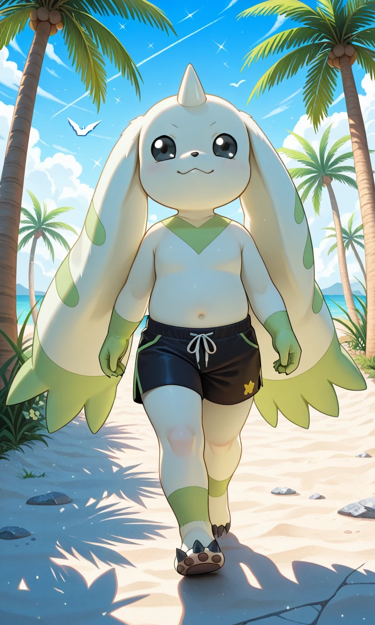 ((full body, alone)), digital beach, palm tree, pixels, cracked sky, Terriermon_(Digimon), anthro digimon, green-white fur, Two-tone one, one small horns, black eyes, long floppy ears, green tip ears, walking, ((black shorts))
