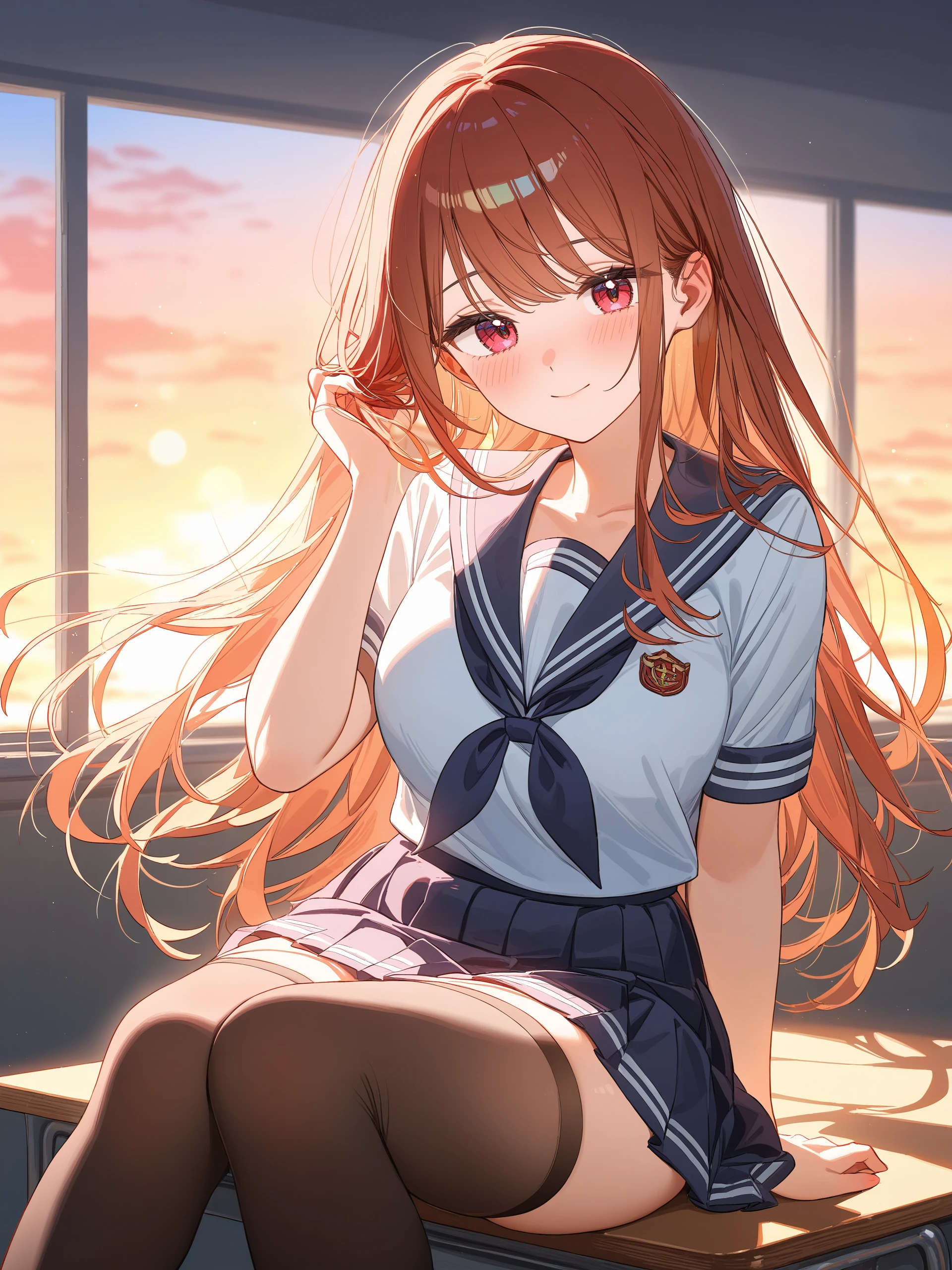 illustration, incredibly absurdres, ultra detailed, masterpiece, best quality, perfect features, intricate details, ray tracing, very aesthetic,  <lora:Char-SuperNoUraDeYaniSuuFutari-Yamada-V1-XL:0.9:hr=0.6>, 1girl, yamada, long hair, classroom, serafuku, sailor collar, pleated skirt, thighhighs, sunset, blush, cowboy shot, looking at viewer, sitting on desk, hand in own hair,  light smile, blush, sunset, window, backlighting, depth of field