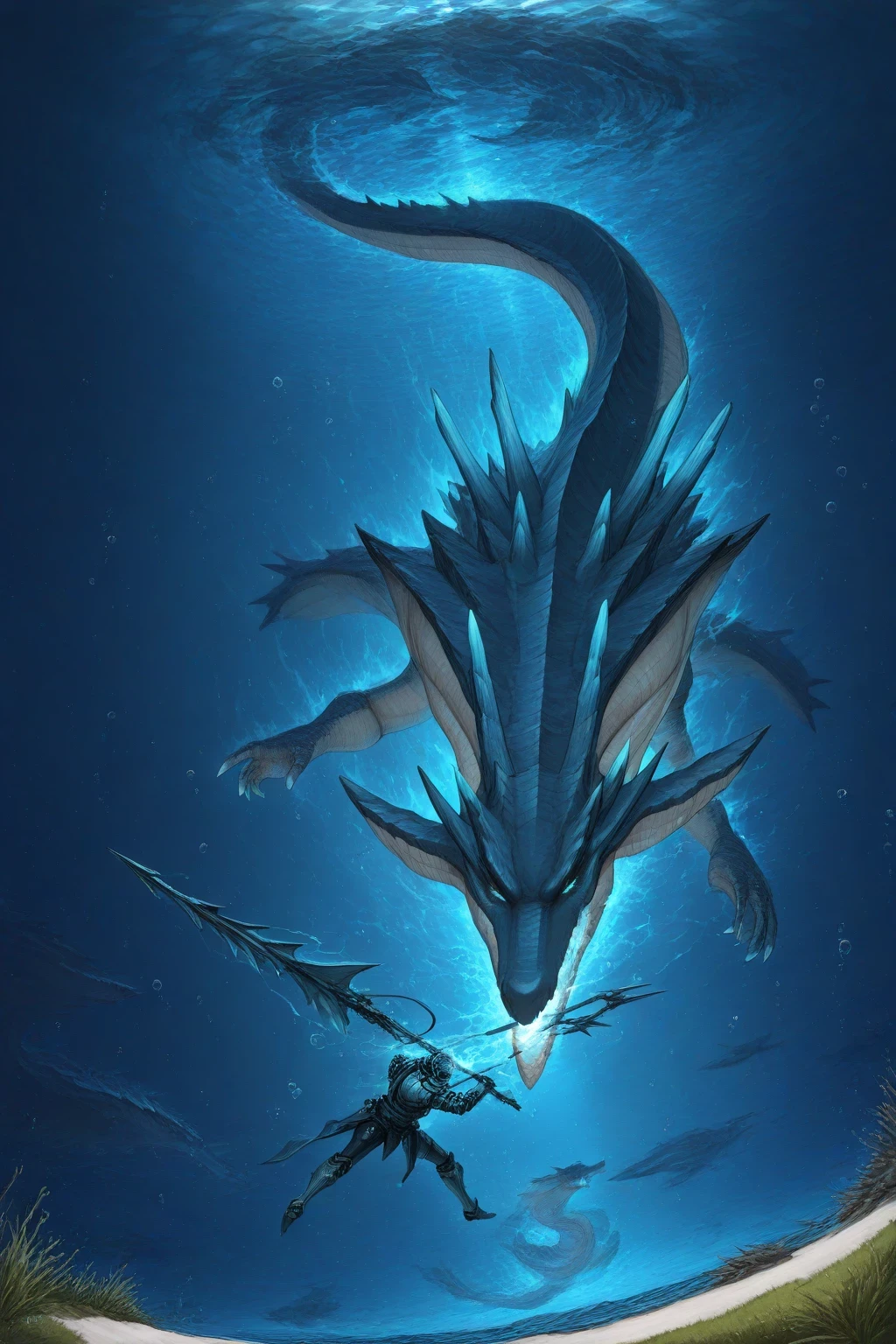 Lagiacrus, sea serpent leviathan, glowing blue scales, electric aura, underwater battlefield, ocean abyss, (humanoid hunter:1.2), armored warrior, harpoon weapon, diving gear, human proportions, cinematic duel, bubbles and water currents, dynamic combat standoff, epic perspective, ultra-detailed, dramatic lighting, dark fantasy atmosphere, concept art, painterly rendering, highly detailed textures, Ruan Jia style, FromSoftware concept art
