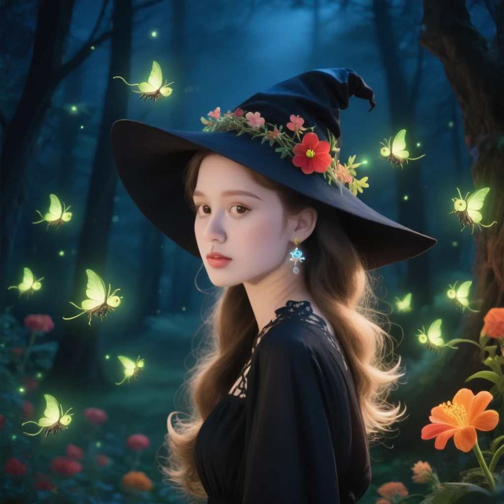 r0b1n_r34l_v1, 1girl, flower, forest, brown hair, hat flower, nature, looking at viewer, earrings, witch hat, brown eyes, red flower, black headwear, from side, butterfly, upper body, long hair, tree, witch, dress, night, outdoors, orange flower, light particles, glowing butterfly, looking to the side, black dress, hair over shoulder