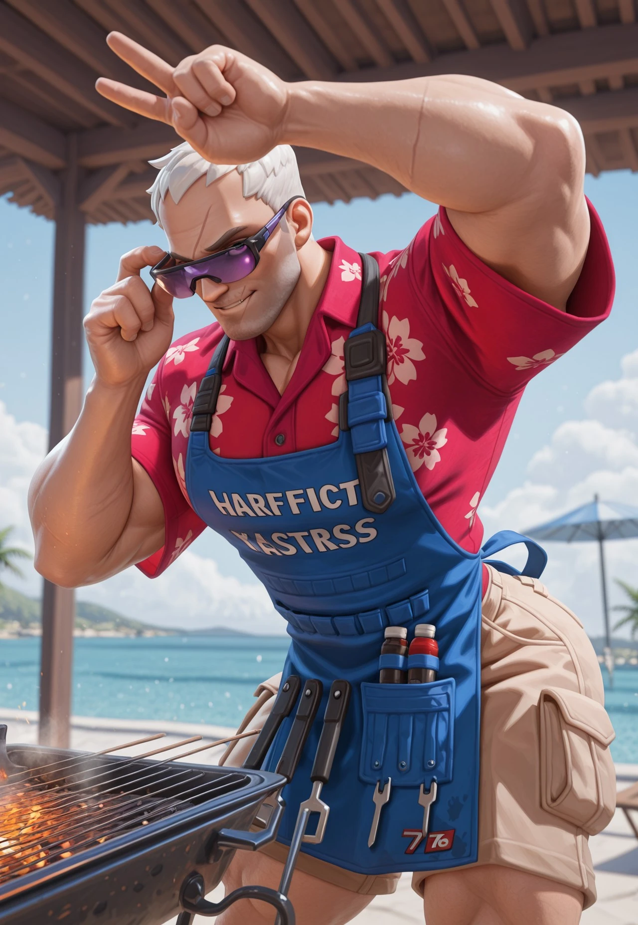 3d, realistic, (1boy, classic76, very short hair, white hair, pixie cut, short bangs, scar on face, scar on mouth, purple goggle, purple eye tinted sunglasses), (masculine, muscular, bara, himbofication, broad shoulders, big arms, large pectorals, small waist, v-taper, thick thighs, curvy body, (red shirt, hawaiian shirt, light brown shorts, blue apron, writswatch), smiling, bent over, hand on own eyewear, looking at viewer, barbecue, daytime, dynamic action, very awa, masterpiece, best quality, absurdres, detailed background, newest, perfect quality, intricate details