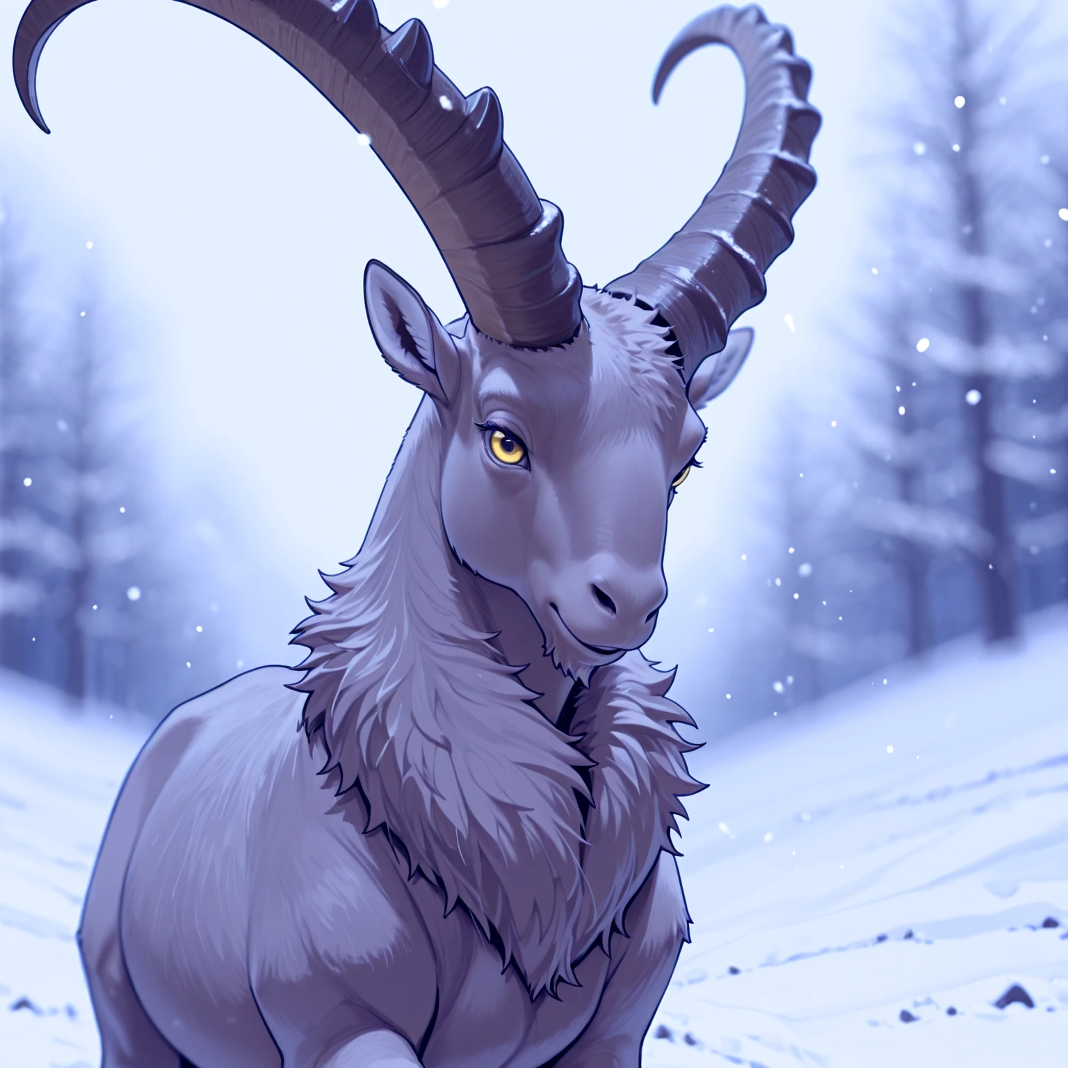 best quality, masterpiece, anime, ibex goat, no humans, horns, animal focus, outdoors, snow, animal, blurry background, feral, solo, front view, closeup, head, grey fur, detailed fur, realistic, yellow eyes , neck tuft, flat-color, colored sketch <lora:CapraIbexNoobEPS1-1:1>