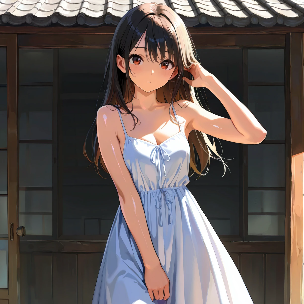 masterpiece,amazing quality,best quality,newest,absurdres,highres,32K,CG,illustration,real skin,shiny hair,safe,detailed,<lora:camisole dress_noobai_V1.0:0.8>,jyoji fuku,dress,summer,