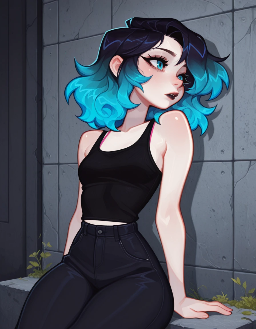 1girl, Ra3lyn,
<lora:OC_Rae_Character_LoRA:1>
<lora:Fizzeru_Style_LoRA:1.2> f1zz3ru,
solo, tank top, bra strap, gradient hair, face, close up, dark clothes, heavily stylized, drama layer, amazing quality, close up, neon palette, dynamic, pale skin, cowboy shot, pants
Sitting, brick wall, concrete, overcast, dramatic lighting, moss, side view
lazypos,