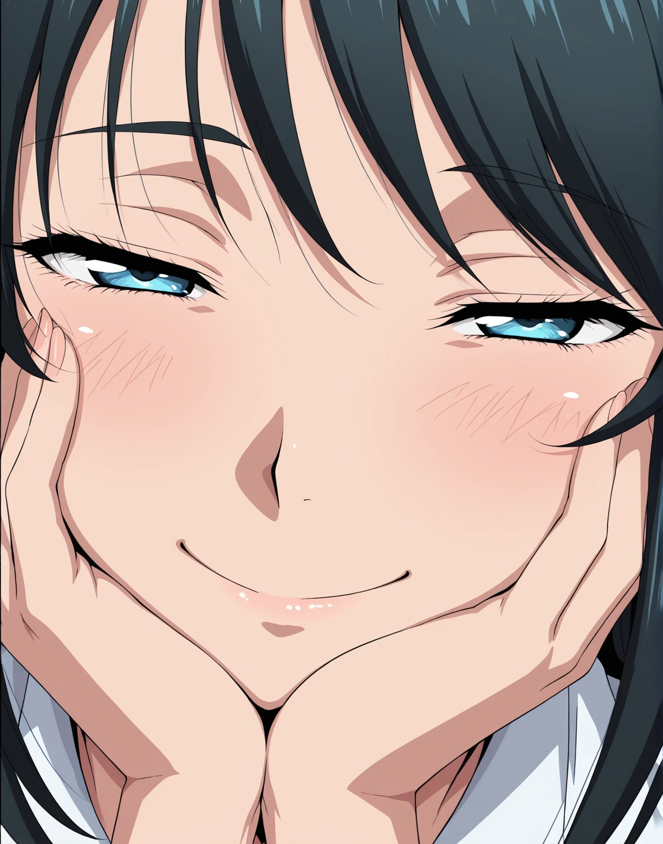 masterpiece, best quality, source_anime, 1girl, solo, hair, shirt, face focus, close up, holding face in hand, smiling with half closed eyes, looking at viewer,