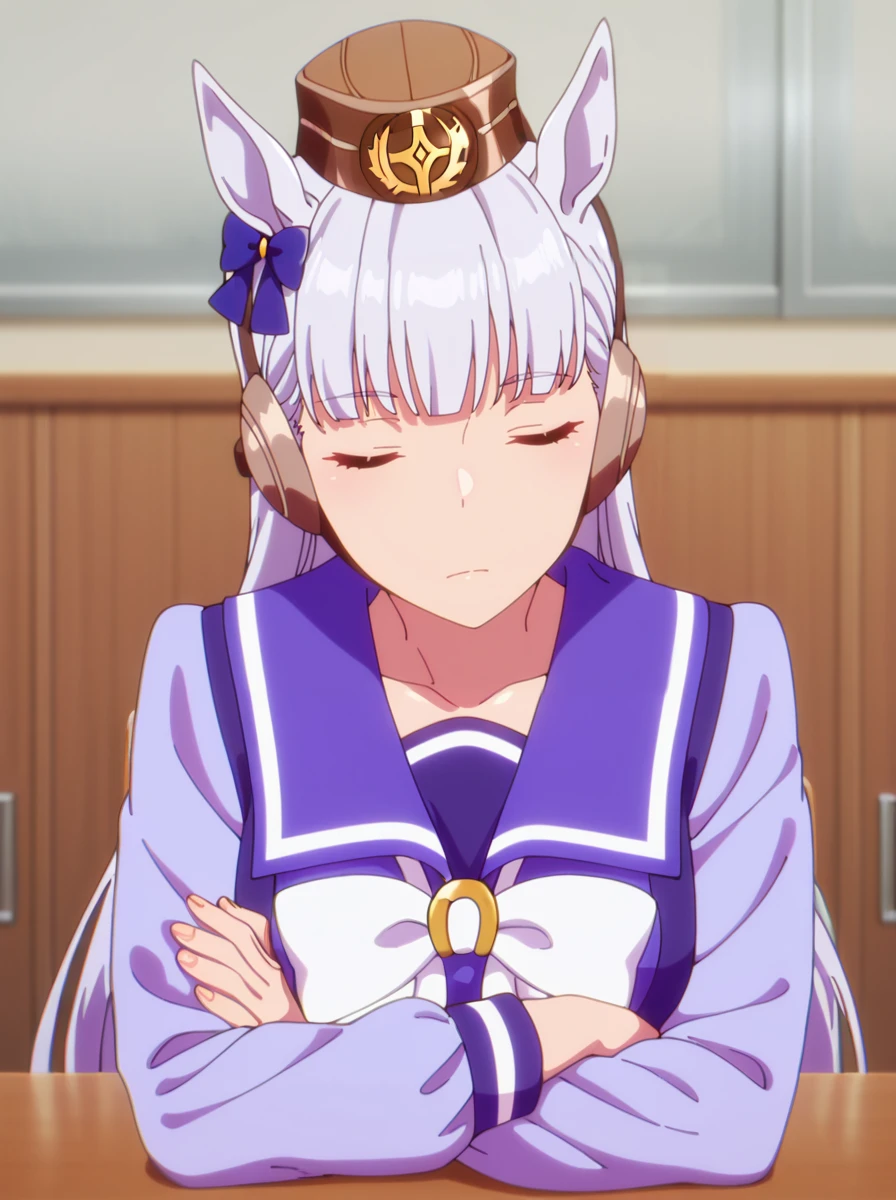 masterpiece, best quality, amazing quality, very aesthetic, absurdres, newest, anime screenshot, anime coloring shiny skin,     <lora:Goldshipanime:1>horse ears, long hair, animal ears, horse girl, 1girl, solo, bangs, goldshiptracenuniform, tracen school uniform long sleeves,  sitting sleeping crossed arms,  behind_desk