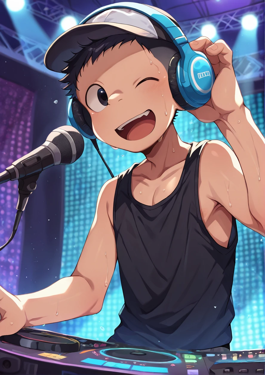 masterpiece,best quality,high quality,highly detailed,intricate,1boy,solo,black hair,very short hair,dance hall,music room,lighting,dj,headphone,headwear,singing,sweat,black tanktop,wink,happy,open mouth,<lora:ããããwaryusya_IL3.5:1>
