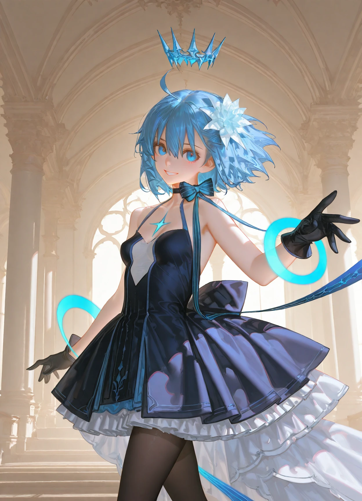 very awa,very aesthetic,masterpiece,huge filesize,best quality,newest,[[4 fingers]],4toes,
highres,[[[artist:wlop]]],[artist:ask(askzy)],(tianliang duohe fangdongye:0.5),(fkey:0.5),(quasarcake:0.8),[[artist:ciloranko]],[[wanke]],
((solo:1.5)),1girl,<lora:Age-V2:2>,
photorealistic,photo background,
<lora:starciel (1):1>,starciel,blue hair,short hair,ahoge,hair between eyes,blue eyes,bare shoulders,blue dress,black dress,sleeveless dress,clothing cutout,headwear,cleavage cutout,frills,black gloves,gloves,black pantyhose,choker,hair flower,blue bow,bow,ribbon,
from_side,cowboy_shot,(looking_at_viewer:1.2),dynamic pose,smile,grin,sitting,