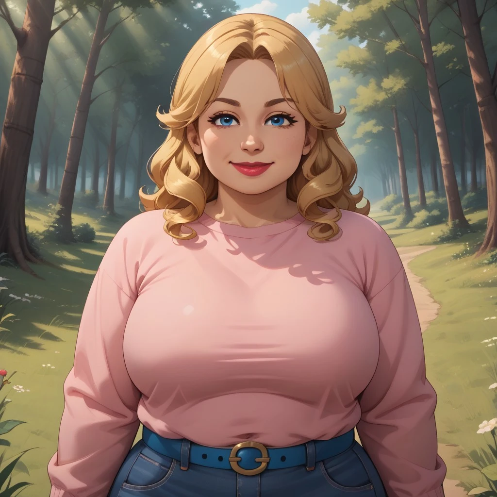 score_9, score_8, BREAK, solo, SugarTDIMii, 1girl, cute, female mii, blonde curly hair with a large puf, blue eyes, cherry lips, lipstick, pink top, navel, indigo blue jeans, blue belt, pink wedge sandals, big breasts, nintendo mii, modern_mii, classic_mii, tall, thick thighs, wide hips, plump, fat, chubby, slightly obese, self portrait, smile, looking at viewer, outdoors, sunlight, shadows, evening lighting, natural lighting, forest, trees, grass, orange sky, sunset