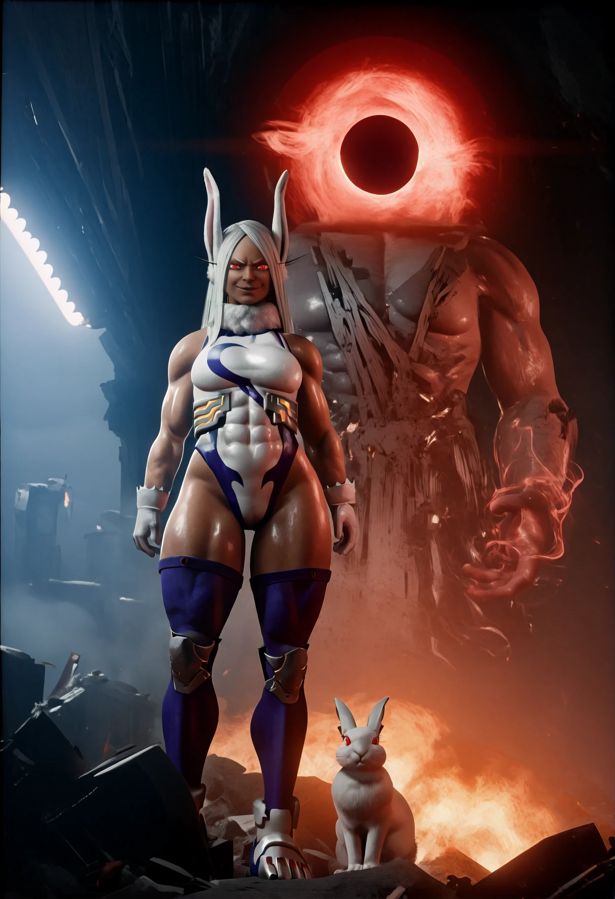 masterpiece, best quality, realistic, shiny skin, eclipse, destruction, ruins, smoke, rubble, 1girl, 1other, full body, <lora:Summon:1>
1girl, mirko, dark-skinned female, thick thighs, muscular, abs, rabbit girl, rabbit ears, white hair, long hair, parted bangs, long eyelashes, red eyes, white gloves, fur collar, white leotard, blue thighhighs, looking at viewer, evil smile, closed mouth,
1other, rabbit, white rabbit \(animal\), aura, oversized animal, magic, red eyes, white fur, animal