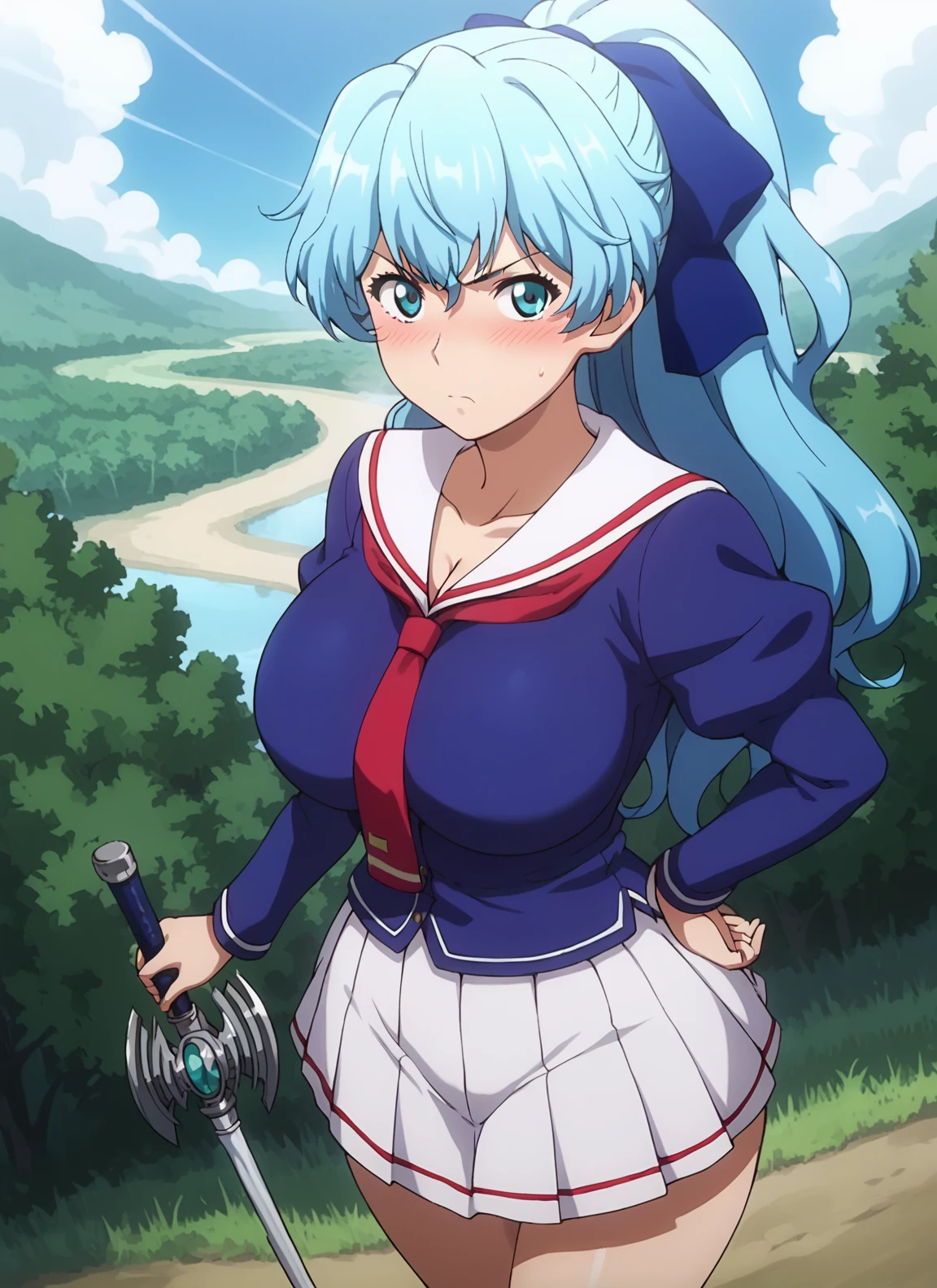 score_9, score_8_up, score_7_up, score_6_up, source_anime, 1girl, solo, sky blue hair, aqua eyes, ponytail, school uniform, serafuku, blue shirt, blue hair bow, pleated skirt, loose red necktie, , large , school, forest, grass field, holding rapier, charging, action lines, outside, sky, clouds, angry, holding sword rapier, facing forward, from above, blushing, holding skirt, puffed cheeks, tower, cleavage, looking at viewer, close up, <lora:Kinua_Garret_-_Maken_ki:0.8>