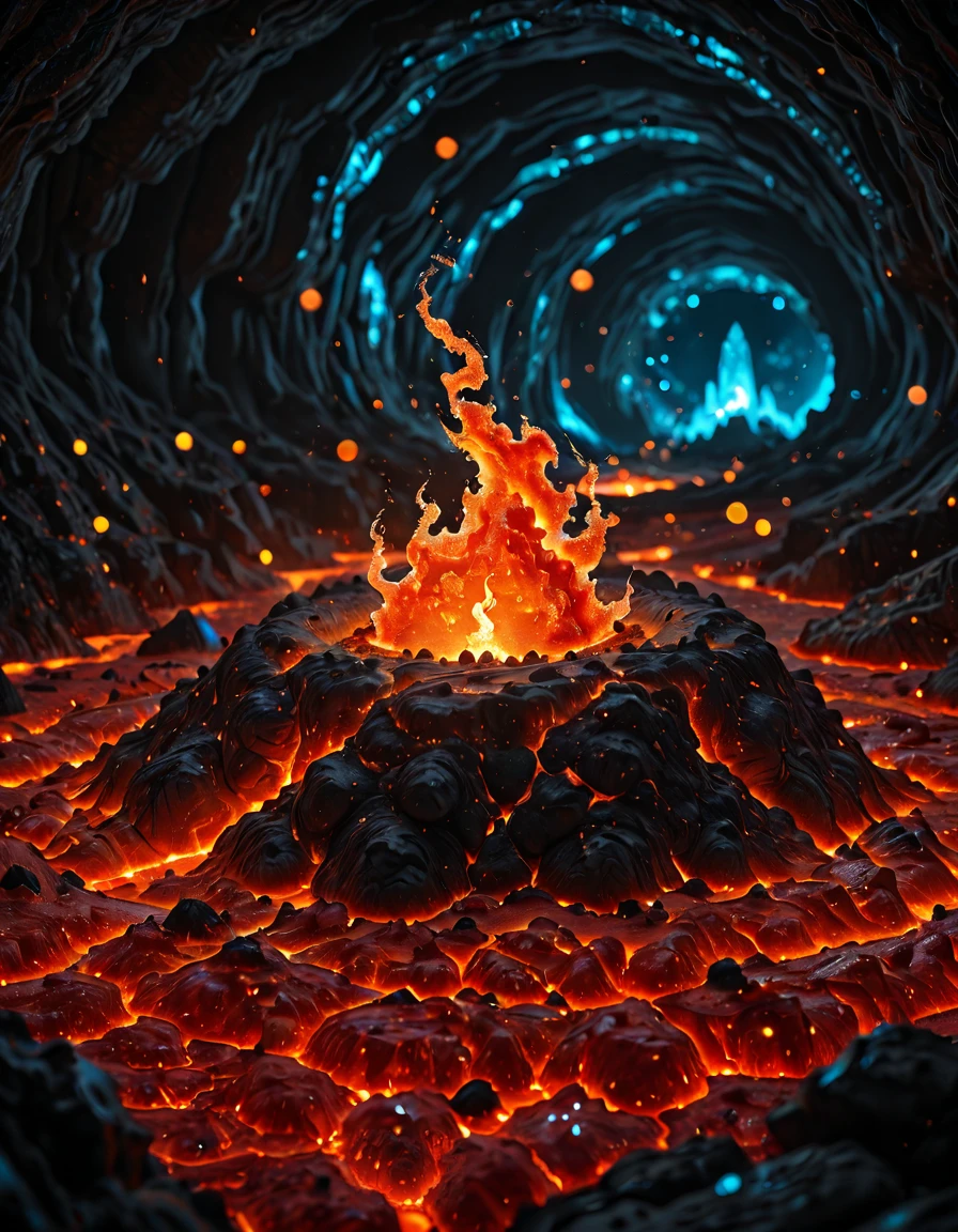 <lora:MW_Dwarven_betaill:1> dwarves mining, glowing crystals, massive stone gates, dark tunnels, fantasy atmosphere, SE14, fire, SE11, intense, lava color, blue, orange, yellow, bokeh, T4, brown