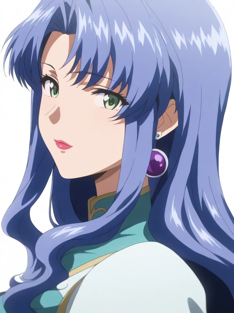 masterpiece,high score,great score,absurdres,anime coloring,looking at viewer,solo,portrait,white background,<lora:Freya_ss ag4o:1> freyass, blue hair, long hair, green eyes, lipstick, earrings,dress,