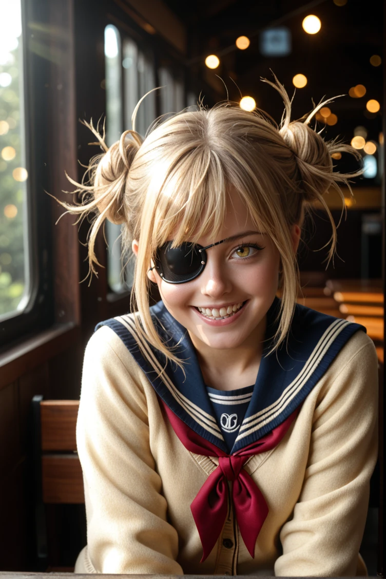 cinematic film still <lora:Dramatic Lighting Slider:2> ,score_9, score_8_up, score_7_up, score_6_up , <lora:Himiko_Toga_ãã¬ããã³._My_Hero_Academia_101:0.8> ãã¬ããã³101, twin hair bun, 1girl, blonde hair, yellow eyes ,eye patch , crazy smile fangs , school uniform yellow cardigan . shallow depth of field, vignette, highly detailed, high budget, bokeh, cinemascope, moody, epic, gorgeous, film grain, grainy