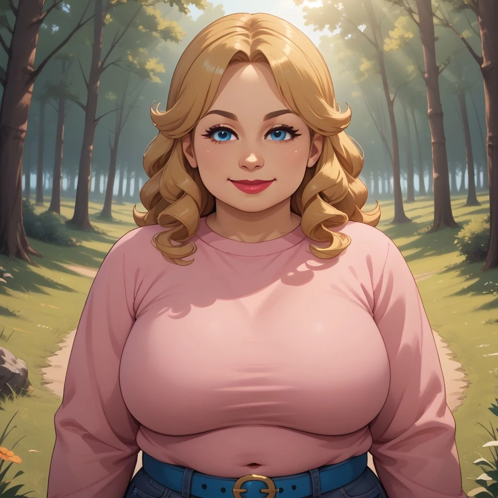 score_9, score_8, BREAK, solo, SugarTDIMii, 1girl, cute, female mii, blonde curly hair with a large puf, blue eyes, cherry lips, lipstick, pink top, navel, indigo blue jeans, blue belt, pink wedge sandals, big breasts, nintendo mii, modern_mii, classic_mii, tall, thick thighs, wide hips, plump, fat, chubby, slightly obese, self portrait, smile, looking at viewer, outdoors, sunlight, shadows, evening lighting, natural lighting, forest, trees, grass, orange sky, sunset